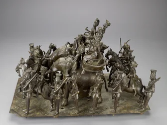 The cavalcade of the King of Oudh riding with the British Resident on elephants